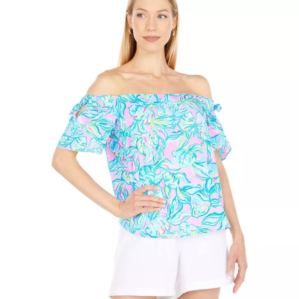 Lilly Pulitzer Tamara Off-Shoulder Floral Top in Pink and Blue